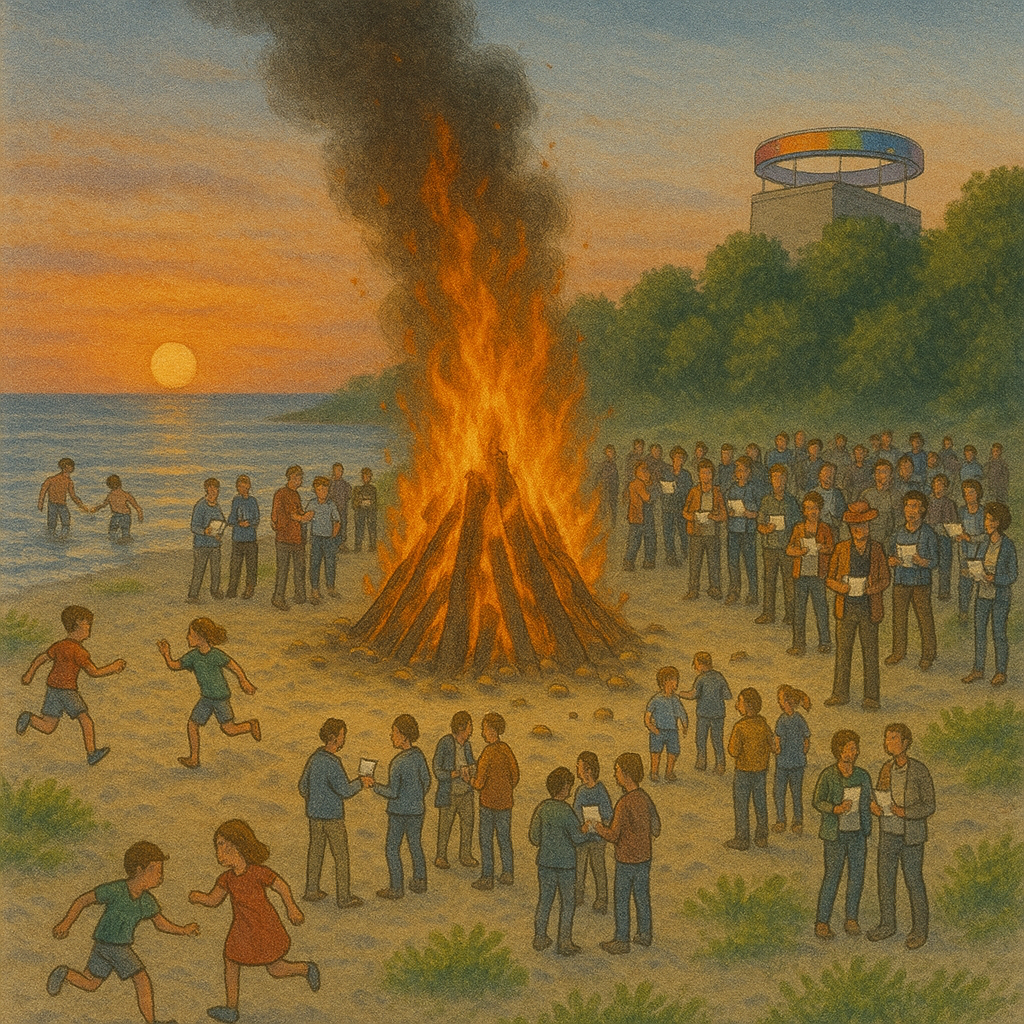 Sank Hans aften illustration på strand ved Aarhus. Genereret af AI af Simon Selmer